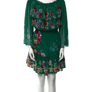 Camilla Silk Tent Dress Green Floral Crystal Beaded Mini Dress Size M
